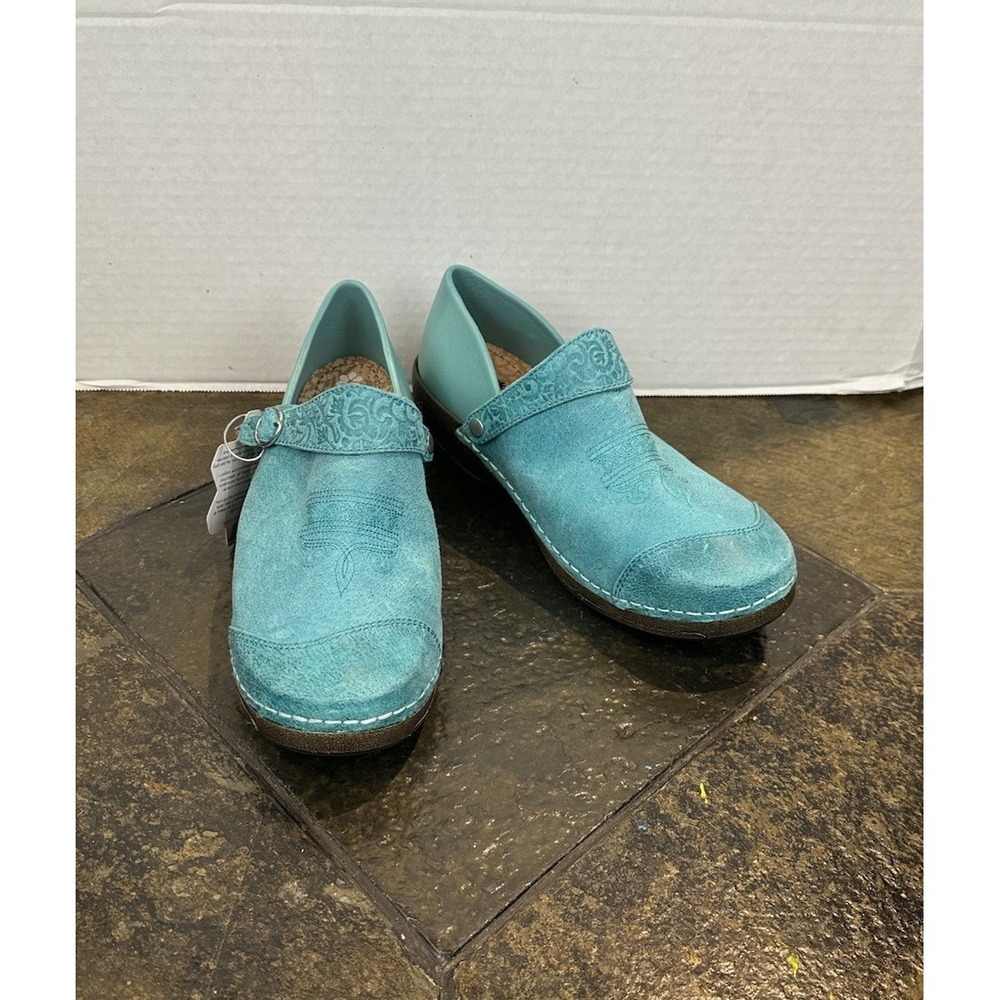 Rocky Turquoise Suede Slip-On Clogs with Embossed Strap